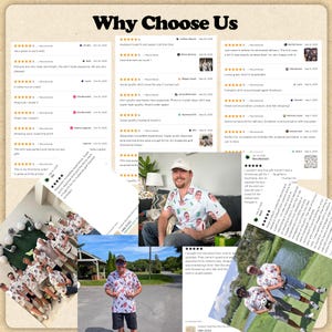 May include: A collage of images showcasing a custom face polo shirt. The images include customer reviews, a man wearing the shirt, and groups of people wearing the shirt on a golf course. The shirt has a repeating pattern of faces.