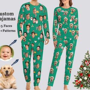 May include: Green custom pajamas with a pattern of faces and holiday-themed icons. The text "Custom Pajamas" is displayed on the left side of the image. The pajamas are shown on two people, one wearing a set with faces and the other with dog faces.