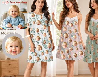 Custom Photo Nightgown for Women, Personalized Face Sleep Dress With Eucalyptus, Custom Family Face Pajama Dress,Bridesmaid Custom Sleepwear