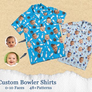 May include: Two short-sleeved bowling shirts with a custom design. One shirt is light blue, the other is a darker blue. Both shirts feature a pattern of bowling pins, bowling balls, and baby faces. The text "Custom Bowler Shirts" is at the bottom.