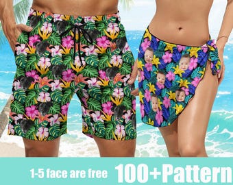 Saída de praia personalizada com estampa de rosto, sunga masculina personalizada, calção de banho personalizado, short havaiano, roupa de banho masculina com estampa de rosto, calção de banho tropical com estampa de rosto, saída de praia feminina, saída de praia personalizada