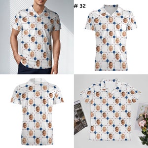 May include: Four white short-sleeved shirts with a repeating pattern of a baby's face in a blue circle with a red and white bowling pin. The shirts have a collar and button closure. #32 is printed on the top right corner of the image.