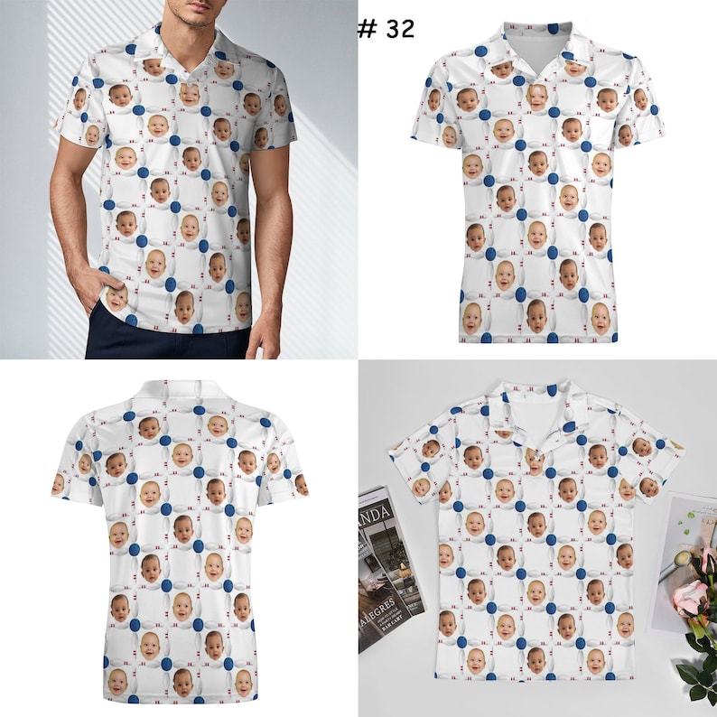 May include: Four white short-sleeved shirts with a repeating pattern of a baby's face in a blue circle with a red and white bowling pin. The shirts have a collar and button closure. #32 is printed on the top right corner of the image.