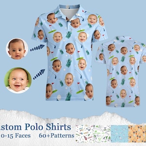 May include: Light blue polo shirts with a repeating pattern of baby faces, golf clubs, and golf flags. The shirts are displayed on a light blue background. The text "Custom Polo Shirts" is at the bottom of the image.