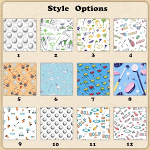 May include: A collection of twelve golf-themed pattern designs. The patterns include golf balls, golf clubs, golf carts, and phrases like "Hole One!" and "Eagle!" in various color schemes, such as blue, green, and orange.