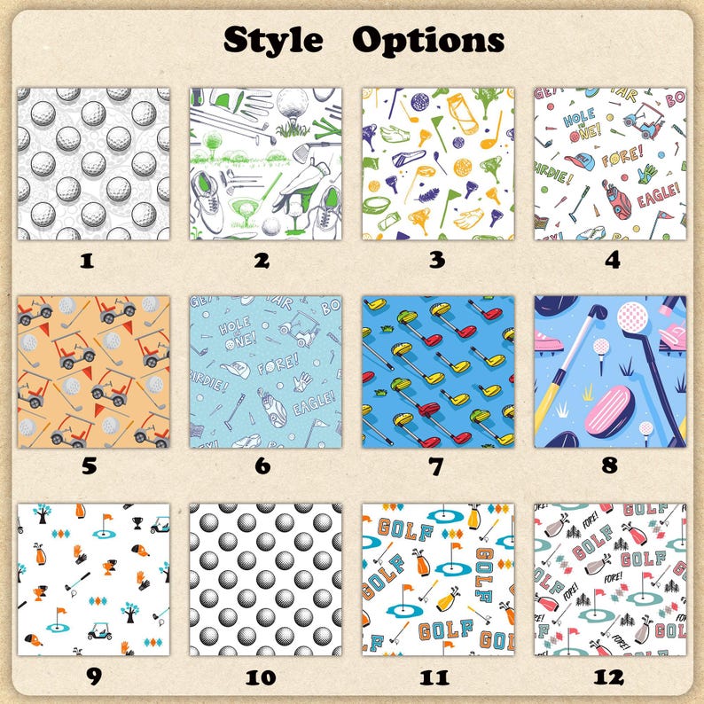 May include: A collection of twelve golf-themed pattern designs. The patterns include golf balls, golf clubs, golf carts, and phrases like "Hole One!" and "Eagle!" in various color schemes, such as blue, green, and orange.