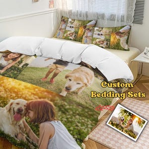 May include: Custom bedding set with a golden retriever and a person in a field. The set includes a duvet cover and pillowcases with a photo collage design. The text "Custom Bedding Sets" is visible on the bedding.