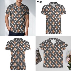 May include: A gray short-sleeved button-up shirt with a bowling pin and face pattern. The shirt has a collared neckline and short sleeves. The text #35 is visible in the top right corner of the image.
