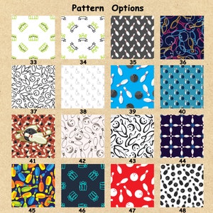 May include: A grid of 16 different bowling-themed patterns. The patterns feature various colors, including red, blue, green, black, white, and yellow. The patterns include bowling pins, bowling balls, and other bowling-related imagery.