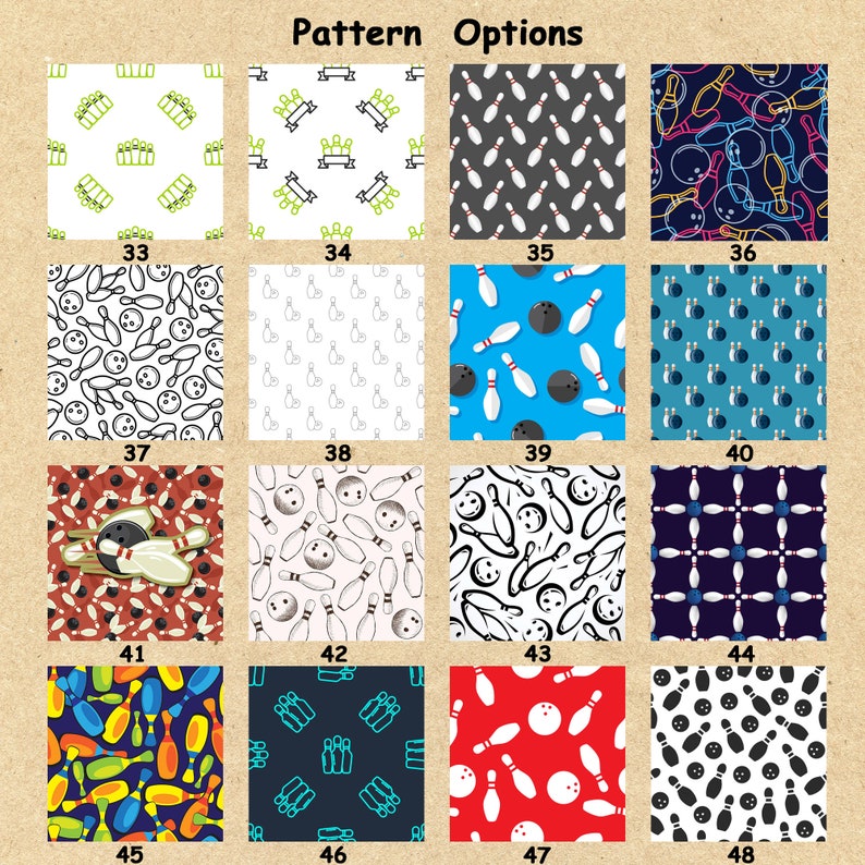 May include: A grid of 16 different bowling-themed patterns. The patterns feature various colors, including red, blue, green, black, white, and yellow. The patterns include bowling pins, bowling balls, and other bowling-related imagery.