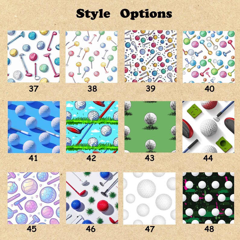 May include: A set of 12 different golf ball patterns, including a variety of colors, designs, and styles. The patterns are arranged in a grid with numbers 37 through 48 below each pattern.