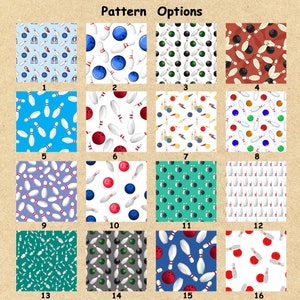 May include: A grid of 16 different bowling-themed patterns. Each pattern features a white background with various combinations of bowling pins, bowling balls, and different colored backgrounds. The patterns are numbered 1 through 16.