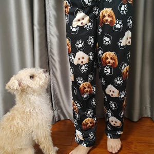 May include: Black pajama pants with a repeating pattern of dog faces and white paw prints. The dogs are various breeds and colors. A small, light-colored dog sits on the left side of the frame, looking up.