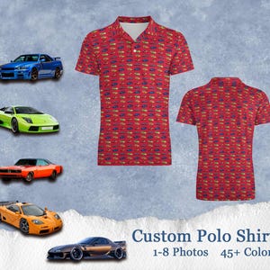 カスタム レースカー ポロシャツ、パーソナライズされたカーシャツ、スーパーカーシャツのカスタマイズ、プリントカーレーサーポロ、車好きへのギフト、夫へのギフト