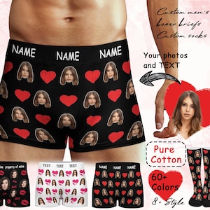 May include: Black boxer shorts featuring a repeating pattern of faces and red hearts. The waistband displays "NAME" in white lettering. Other briefs and socks with similar designs are also shown. The image includes text that reads "Pure Cotton" and "60+ Colors".