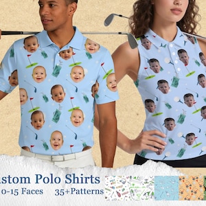 Könnte beinhalten: Hellblaue Poloshirts mit einem individuellen Babygesichtsmuster und Golfmotiven. Die Hemden haben einen Kragen und einen Knopfverschluss. Das Bild zeigt ein kurzärmeliges Hemd und ein ärmelloses Hemd. Der Text unten lautet "Custom Polo Shirts 0-15 Faces 35+ Patterns."