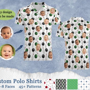 Op de afbeelding: Twee witte poloshirts met een herhaald patroon van babygezichten, kegels en bowlingballen. De tekst "Any design can be made" staat in een groene ovaal. De tekst "Custom Polo Shirts" staat eronder.