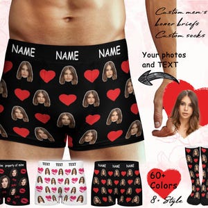 May include: Black boxer briefs featuring a repeating pattern of red hearts and a woman's face, with the word NAME printed on the waistband. Additional items include white boxer briefs with hearts and faces, and black socks with faces and hearts.