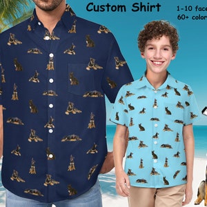 May include: Two people wearing custom shirts featuring a pattern of German Shepherd dog faces. The shirts are blue and light blue with short sleeves and a button-up collar. The text "Custom Shirt" is at the top of the image. The text "1-10 faces" and "60+ colours" is also included in the image.