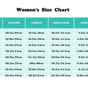 May include: Women's size chart with measurements in inches and centimeters. The chart shows sizes S through 5XL with corresponding measurements for length, 1/2 bust, shoulder, and sleeve.