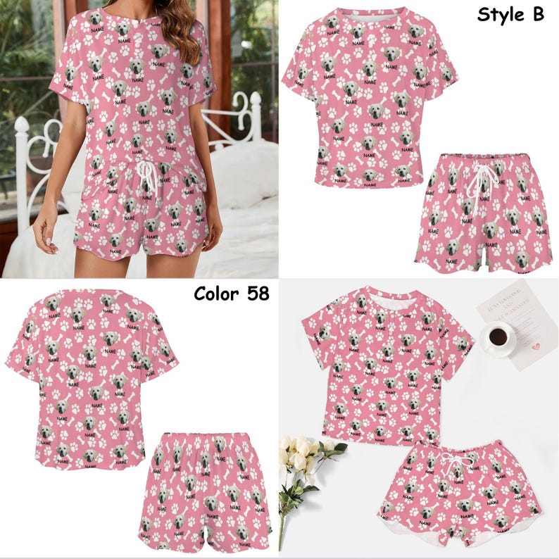 Pu&ograve; includere: Pigiama rosa con un motivo a stampa di zampe bianche e facce di cani. Il set comprende una maglietta a maniche corte e pantaloncini. Il testo "Color 58" e "Style B" &egrave; visibile nell'immagine.