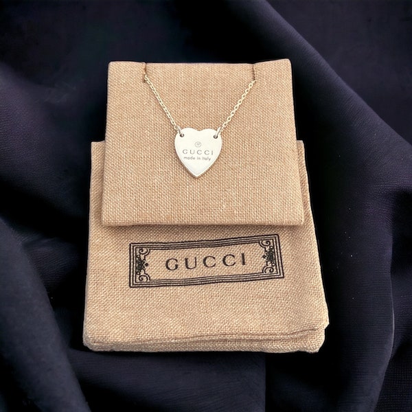 AUTHENTIC GUCCI -Trademark Necklace with Heart Pendant - Statement Silver Necklaces