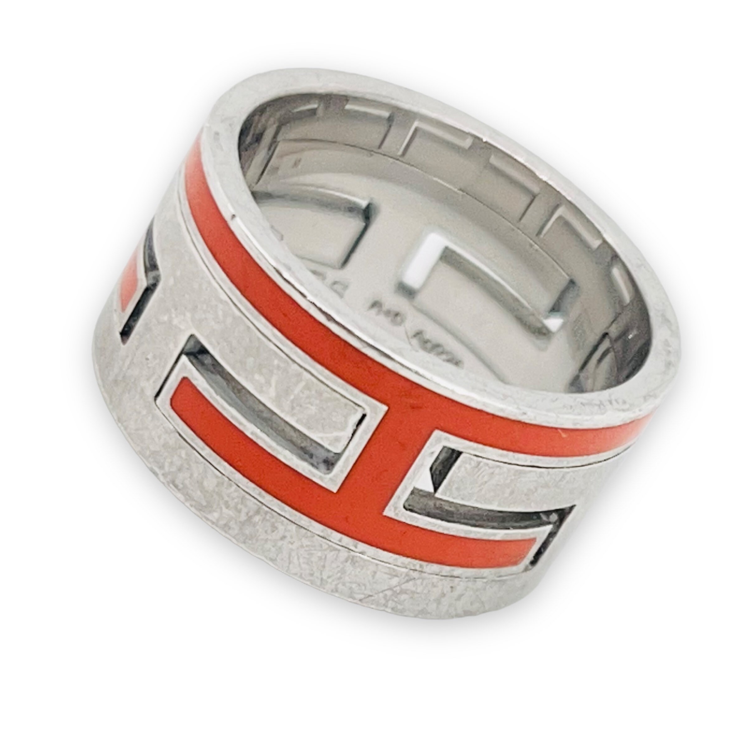 AUTHENTIC Hermes MOVE Ring in Sterling Silver and Orange Lacquer- UK Size J  1/2- Statement Silver Rings