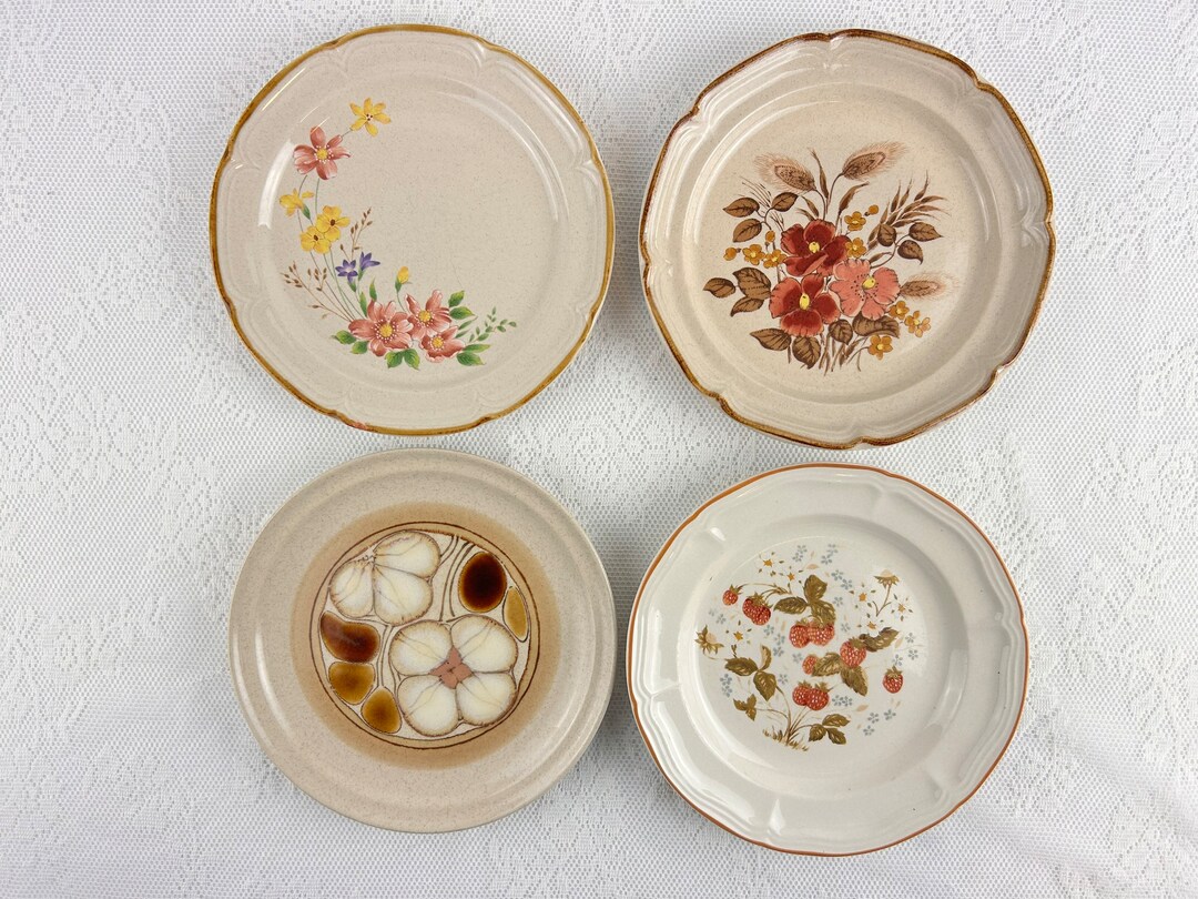 Vintage Stoneware Mismatched Luncheon Plates, Set of 4, Brown and Grey