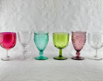 Set of 6 Mismatched Vintage Wine/Water Goblets, Vintage Drinking Glasses