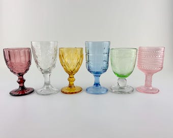 Mismatched Vintage Wine/Water Goblets, Set of 6, Boho Style Glasses, Coloured Glass