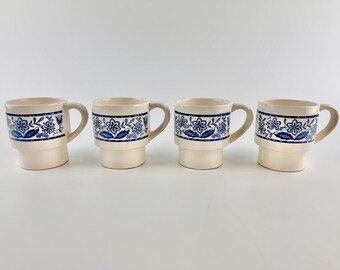 Tazas de café de loza estampada, juego de 4, tazas apilables con estampado floral azul, hechas en Japón.