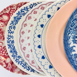 Set of 6 Blue & Pink Vintage Mismatched Dessert Plates, Transferware, Folkart, Blue, Red