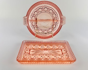 Rosa glasserveringsset, pickle-/oliverfat, smörgåsfat/ostbricka, vintageglas