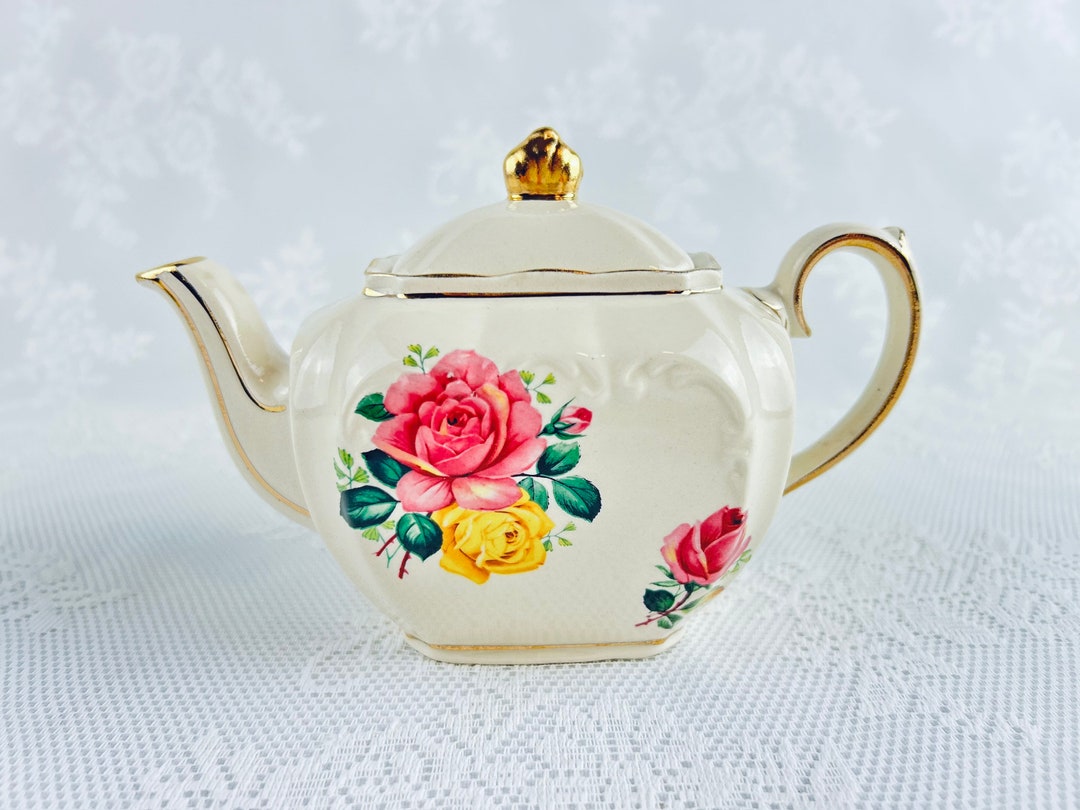 Miniature Sadler Cube Teapot, Cabbage Rose, Vintage Teapot, Single