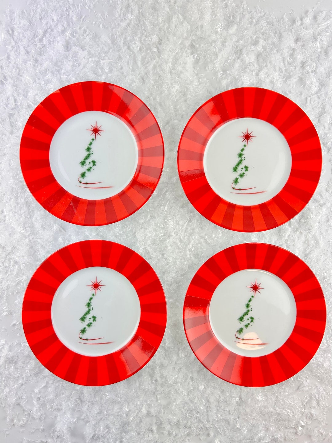 Set of 4 Christmas Dessert Plates Red Stripes Green Etsy