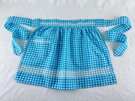 Vintage Gingham Kitchen Apron, Embroidered Half Apron View 3
