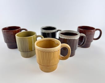 MCM Mismatched Stacking Mugs, Set of 6 Japanese Ceramic Cups, 1970s Drip Glaze, Japan Stamped, Green, Brown, Gold