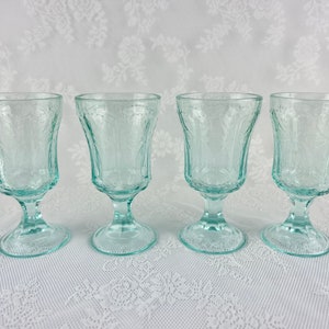Set of 4 Water/Wine Goblets, Pale Green Glasses, Green Pressed Glass, Etched Design