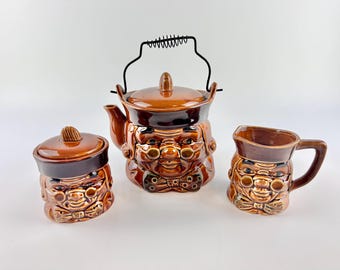 Ben Franklin Tea Set, Teapot, Creamer, Sugar Bowl, Face Tea Set, Japan