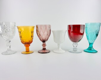 Set of 6 Mismatched Vintage Water/Wine Goblets, Vintage Drinking Glasses, Boho Stemware