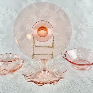 Vintage Pink Pressed Glass, Serving Set, Pink Glass Bowls, Pickle Dish, Cake Plate, Handle Serving Dish