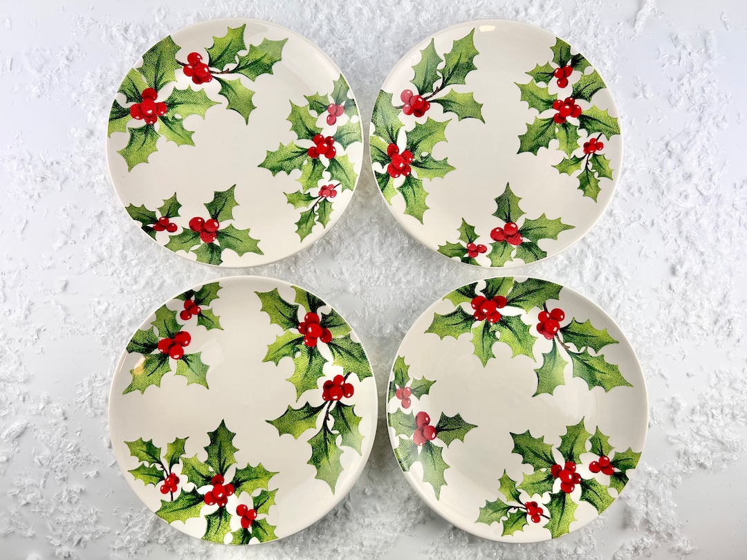 Set of 4 Christmas Dessert Plates, Holly and Berries Motif, Red and