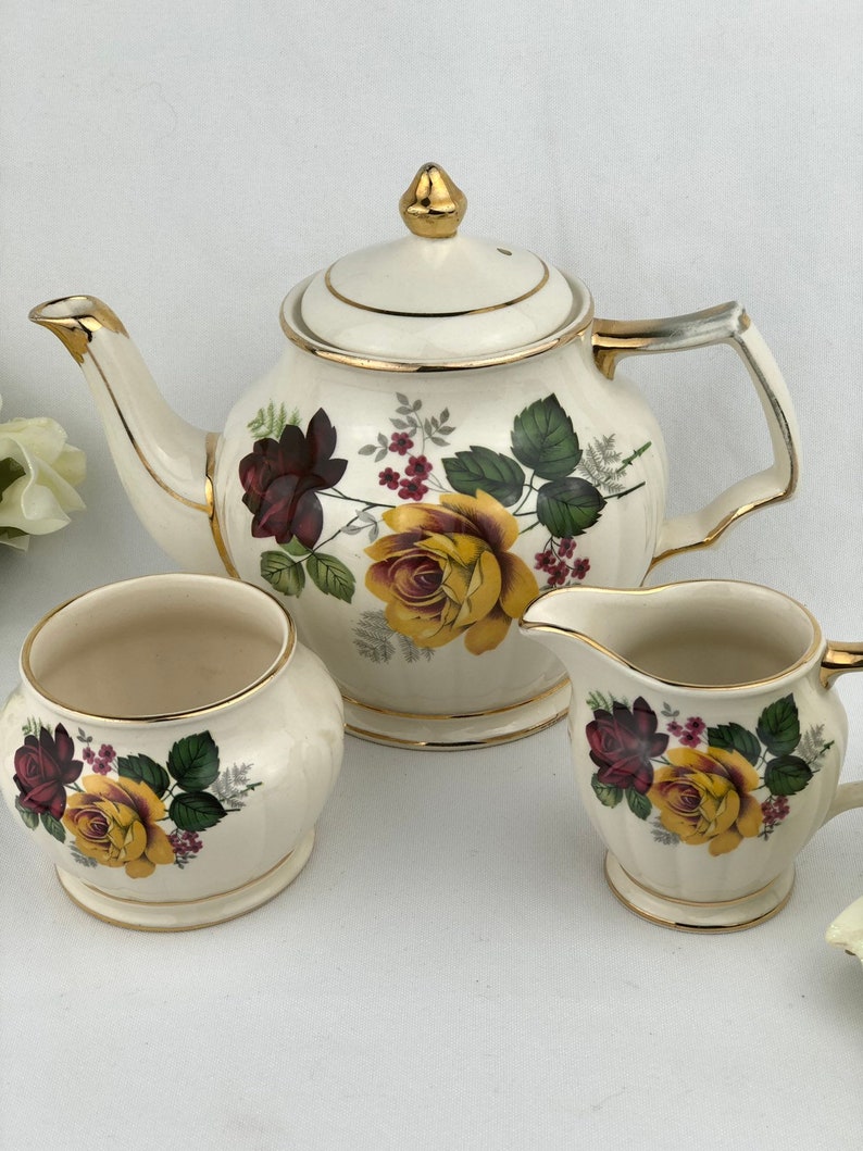 Sadler Teapot Red and Yellow Roses Etsy