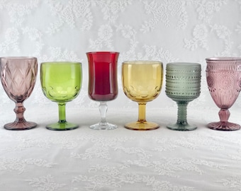 Set of 6 Mismatched Vintage Water/Wine Goblets, Vintage Drinking Glasses