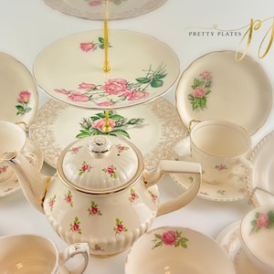 English Mismatched Tea Service for 4, Pink, Cream and Gold, Complete Tea Party Set, English Style, Sadler Teapot, Vintage Plates, Teacups