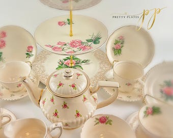 Juego de té inglés vintage para 4 personas, diseño floral rosa, tetera Sadler
