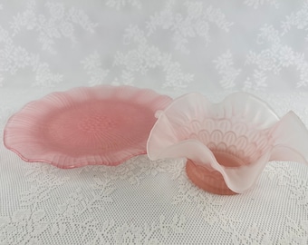 Frosted Pink Glass Serving Set, Ruffled Bowl, Decortive Plate, Vintage Dishes