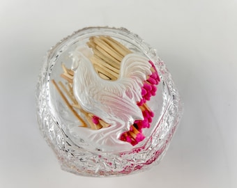Recipiente de vidrio para cerillas, azucarero reutilizado, diseño de gallo grabado.