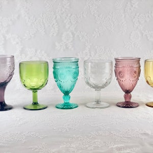 Mismatched Vintage Wine/Water Goblets, Set of 6, Boho Style Glasses, Coloured Glass