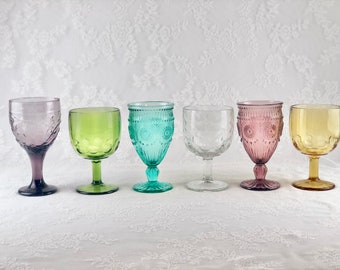 Mismatched Vintage Wine/Water Goblets, Set of 6, Boho Style Glasses, Coloured Glass